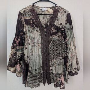 dressbarn Brown & Sage Floral Patchwork Lace-Trim Blouse Fairy Top Very Y2K